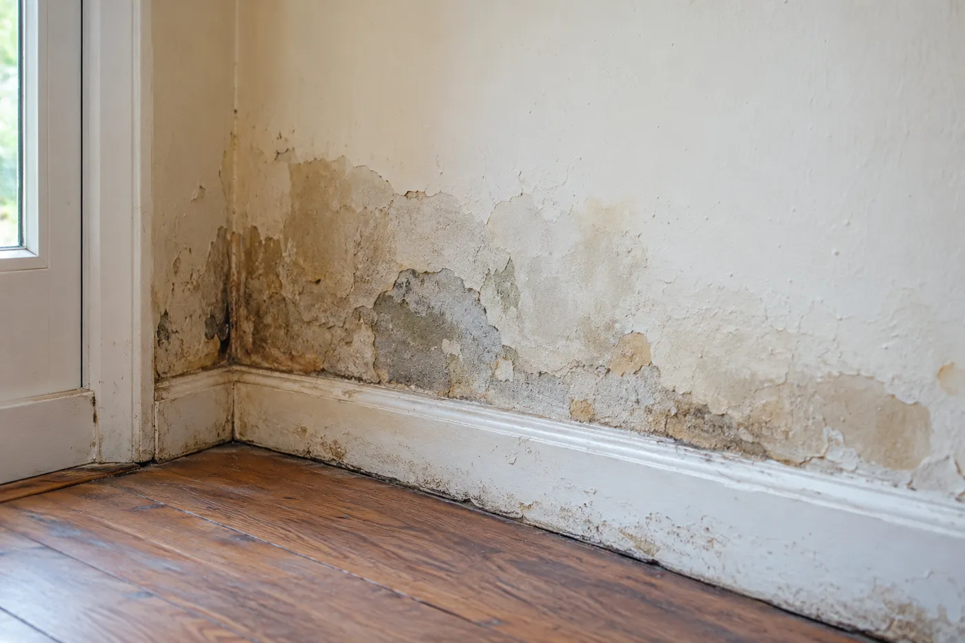 Illustrative image of damp plaster on an interior wall