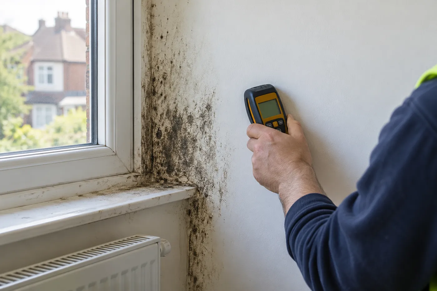 Illustrative image of a moisture inspection near a window