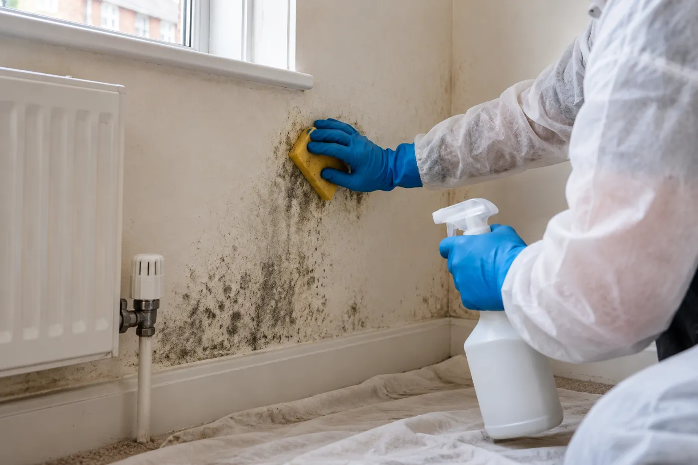 Illustrative image of mould being cleaned from a wall